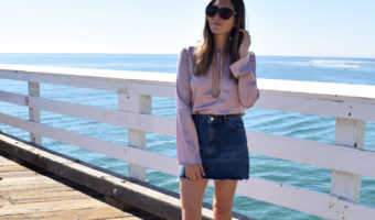 90s trends in 2016 chicago fashion blogger wears denim skirt loafers and silk top