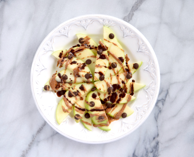 Healthy Apple Nachos With Almond Butter Drizzle And Chocolate Drizzle And Carob Chips